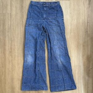 Vintage 1970s
Sears Roebuck blue denim patchwork flare bell bottoms pants